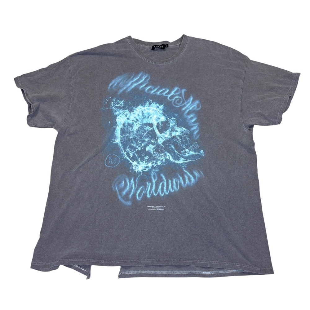 BoohooMAN Mens Gothic Skull T-Shirt Gray Grunge Distressed Streetwear Large